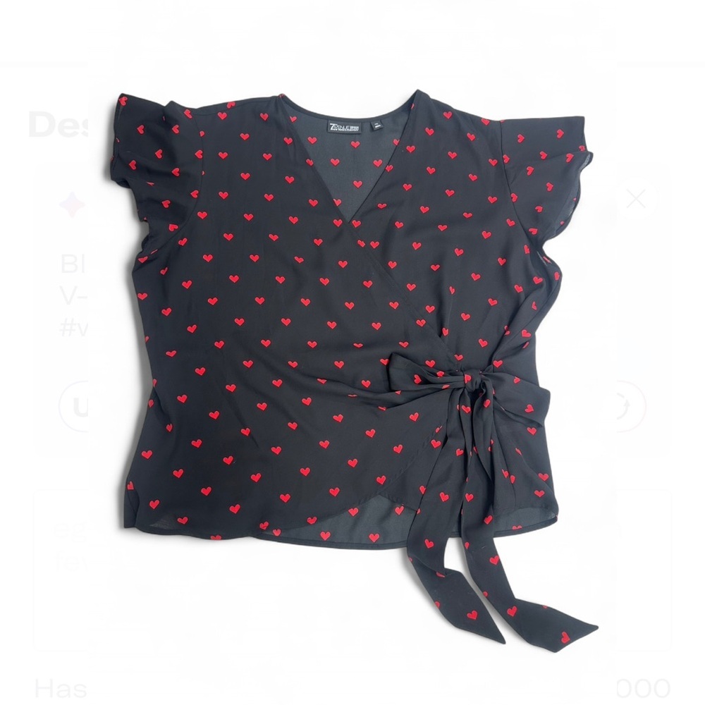 New York & Company Black with Red Hearts Wrap Blouse with Ruffled Cap Sleeves​